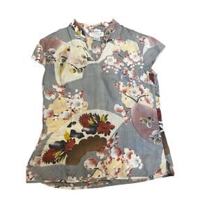 Citron Santa Monica 100% Linen Floral Asian-Inspired Blouse Small